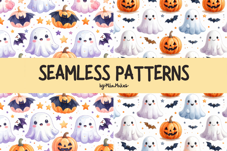 Kawaii Ghost & Pumpkin Halloween Seamless Patterns