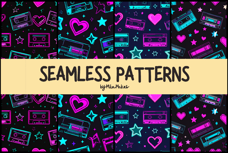 Neon Retro Cassette Tapes and Stars Patterns