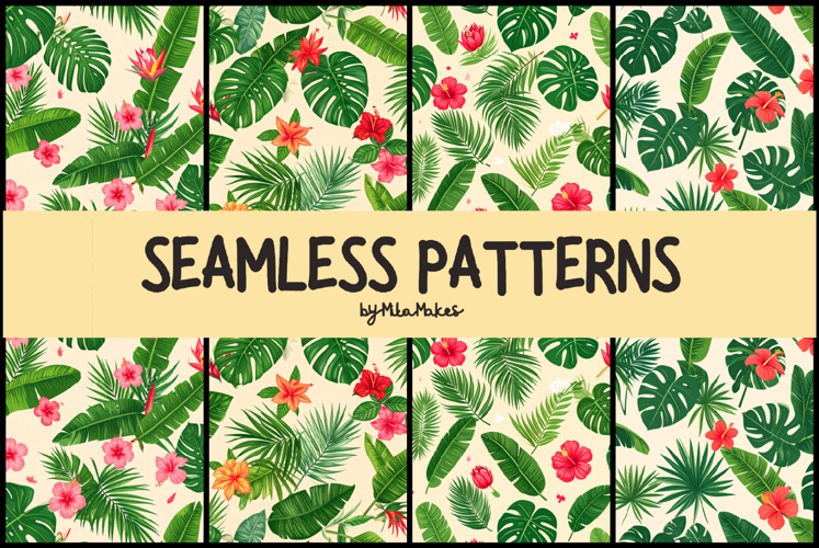 Tropical Hibiscus and Palm Leaves Seamless Pattern