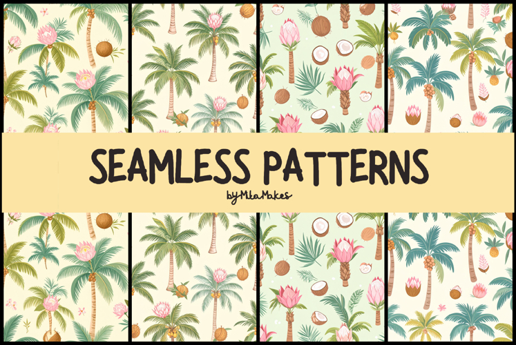 Tropical Palm Coconuts and Protea Seamless Pattern