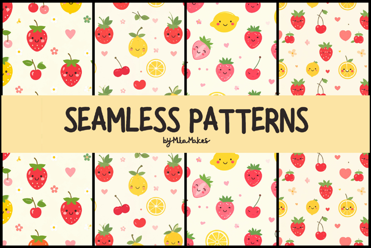 Cute Kawaii Fruit Faces Seamless Patterns