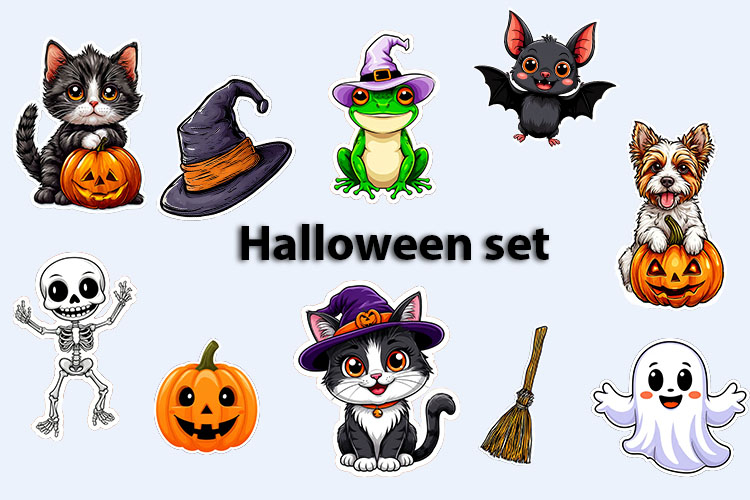 Halloween Stickers, Ghost, Cat, Bat, Frog, Dog, Skeleton,PNG