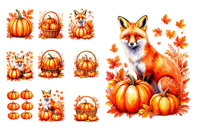 Fox with orange pumpkin and autumn leaves. PNG