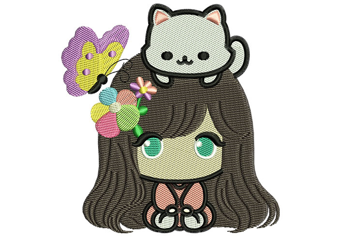 Girl with Cat on Head Embroidery Designs