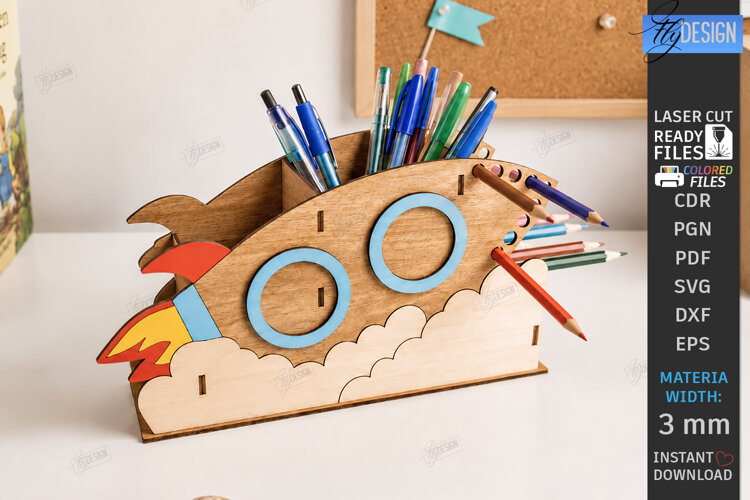 Rocket Desk Organizer Laser Cut | Kids Pencil Holder SVG example image 1