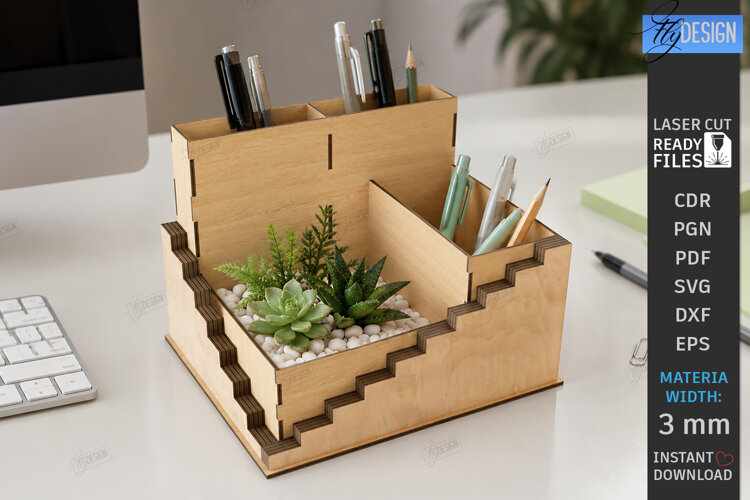 Desk Organizer Stand Laser Cut | Office Supplies Box | CNC example image 1