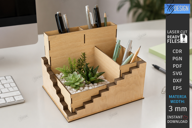 Desk Organizer Stand Laser Cut | Office Supplies Box | CNC