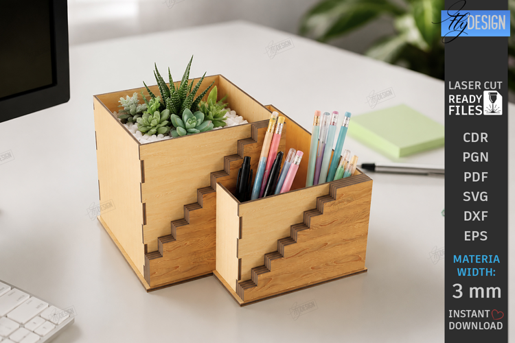Desk Organizer Stand Laser Cut | Office Supplies Box | CNC