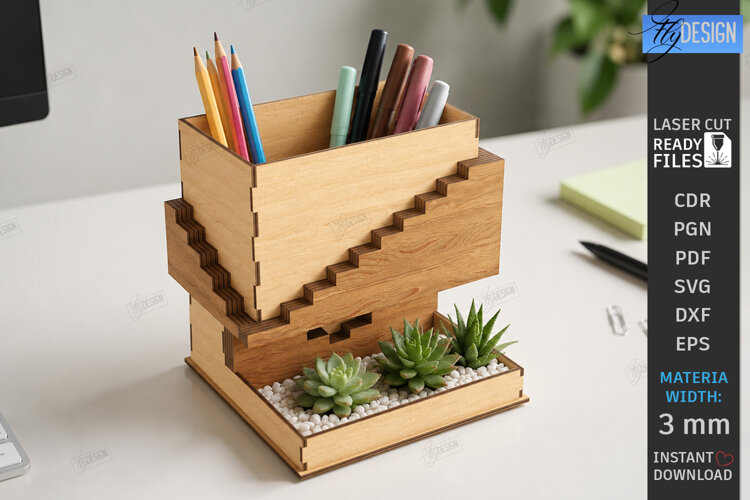 Desk Organizer Stand Laser Cut | Office Supplies Box | CNC example image 1