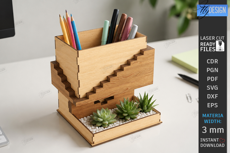 Desk Organizer Stand Laser Cut | Office Supplies Box | CNC