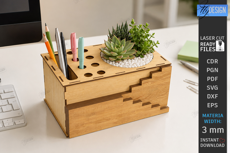 Desk Organizer Stand Laser Cut | Office Supplies Box | CNC