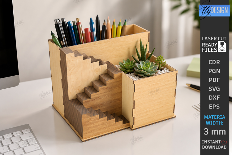 Desk Organizer Stand Laser Cut | Office Supplies Box | CNC