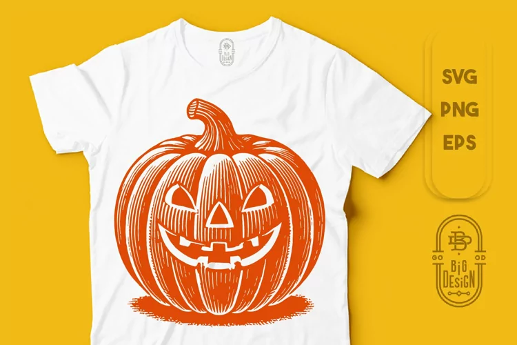 Detailed Carved Pumpkin Illustration - Vintage Spooky Design