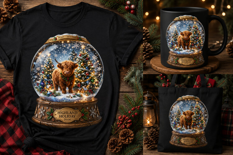 Highland Cow Christmas Snow Globe PNG Winter Holiday Design example image 1