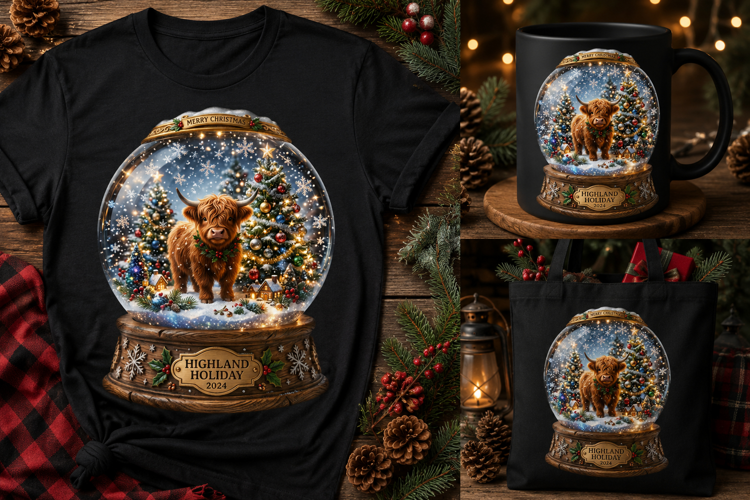Highland Cow Christmas Snow Globe PNG Winter Holiday Design