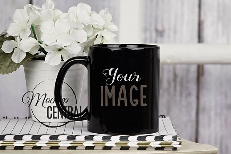 Black Coffee Glass Cup Digital Mockup on Wood Table Top, JPG