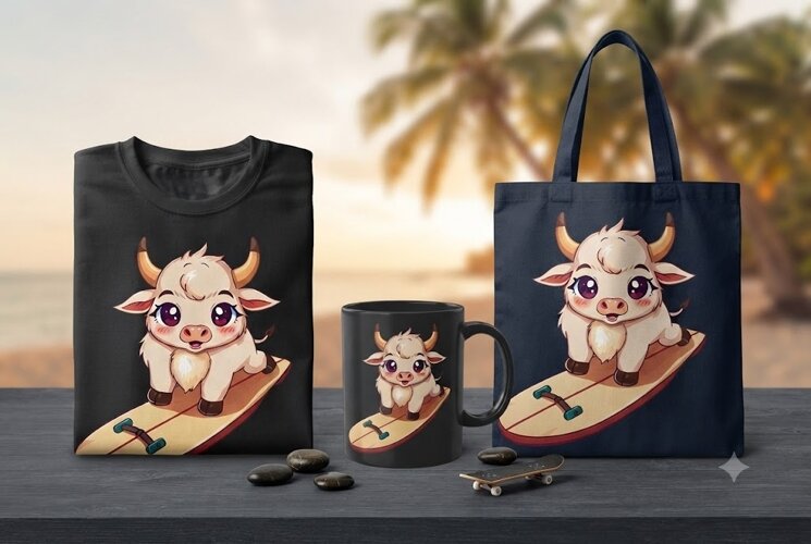 Cute Surfing Highland Cow PNG Kawaii Summer Beach Clipart example image 1