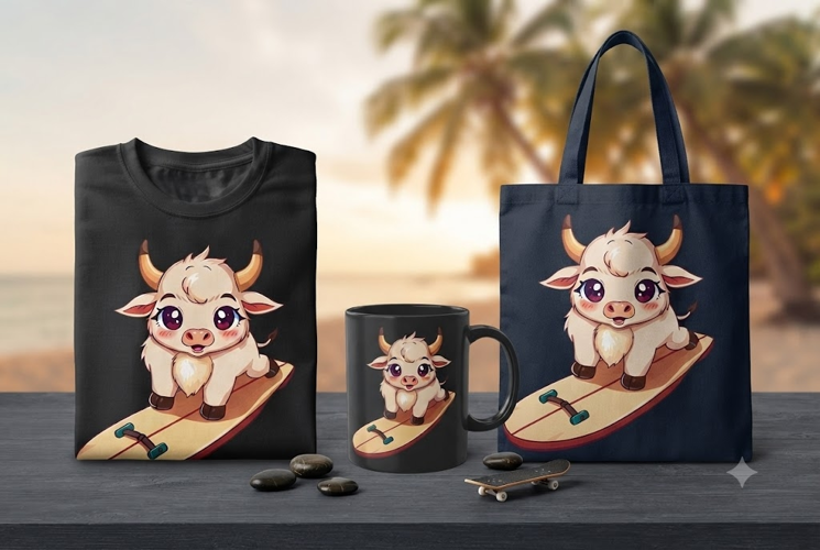 Cute Surfing Highland Cow PNG Kawaii Summer Beach Clipart