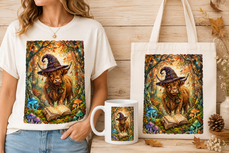 Highland Cow Wizard Magic Spellbook Forest Autumn Art