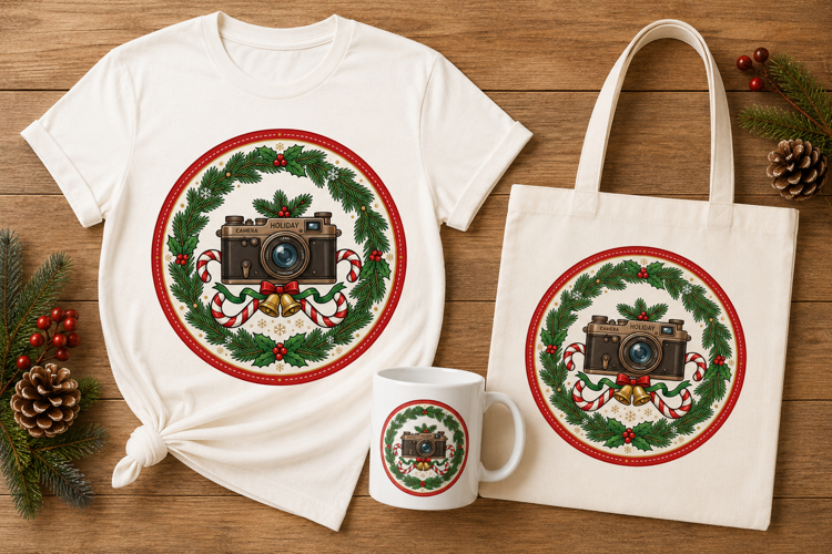 Vintage Holiday Camera Christmas Wreath Sticker Art