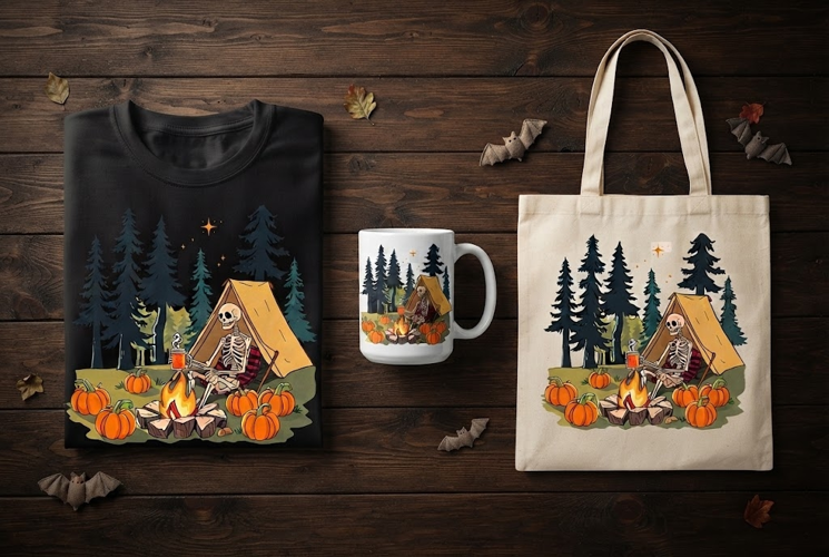 Skeleton Coffee Camping Halloween Design with Pumpkins