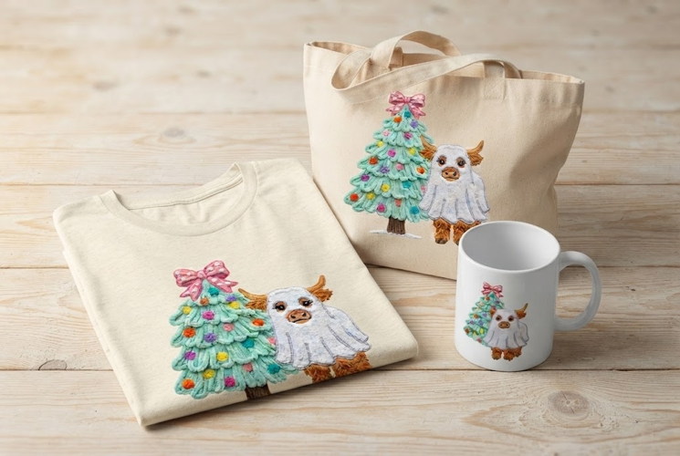 Chenille Embroidery Christmas Tree Ghost Cow Art Print