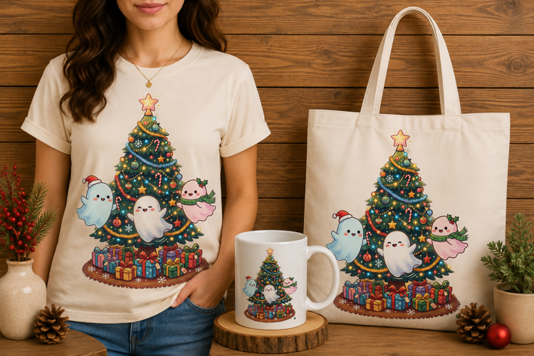 Three Kawaii Ghosts Dancing Christmas Tree Holiday Clipart