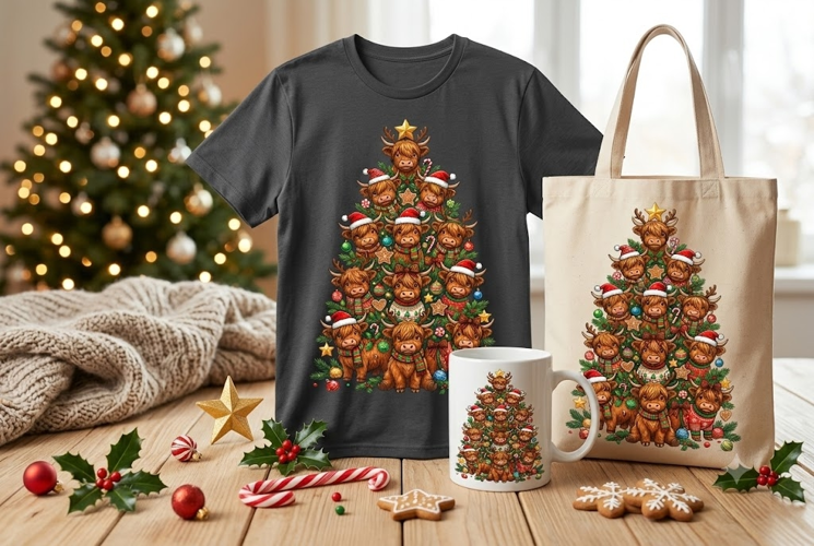 Highland Cow Christmas Tree PNG | Cute Holiday Cow Design