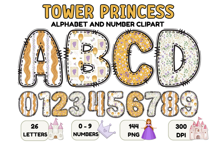 Tower Princess Alphabet Clipart PNG, Letters doodle 300 DPI
