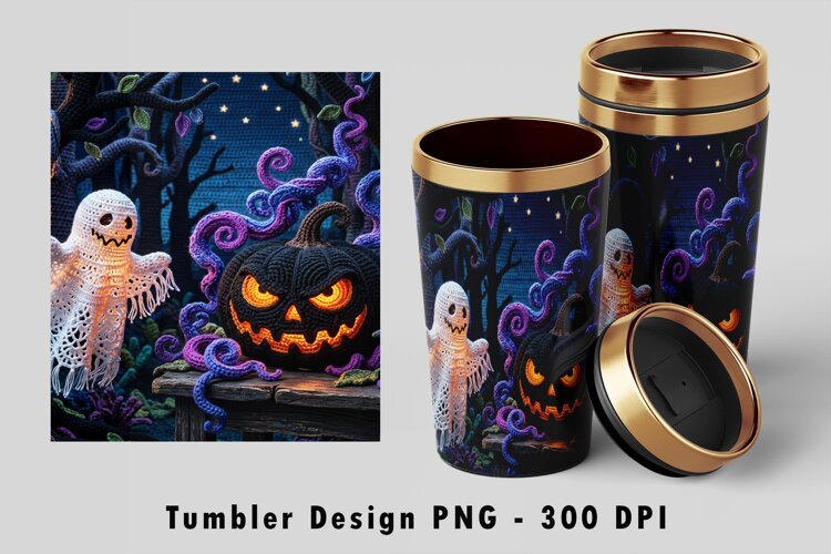 Crochet Pumpkin Ghost Tumbler Wrap PNG example image 1