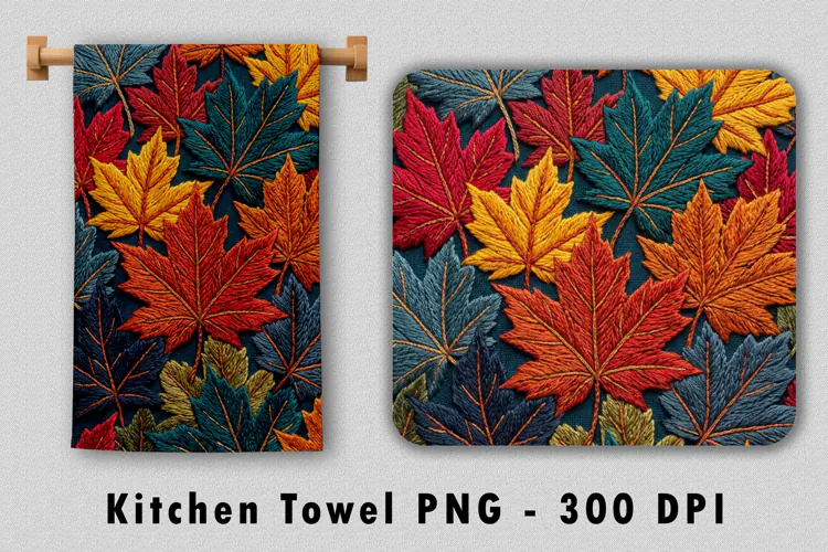 Embroidered Autumn Leaves Kitchen Towel Sublimation PNG