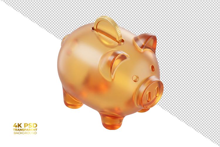 3D Translucent Golden Piggy Bank with Coin Isolated