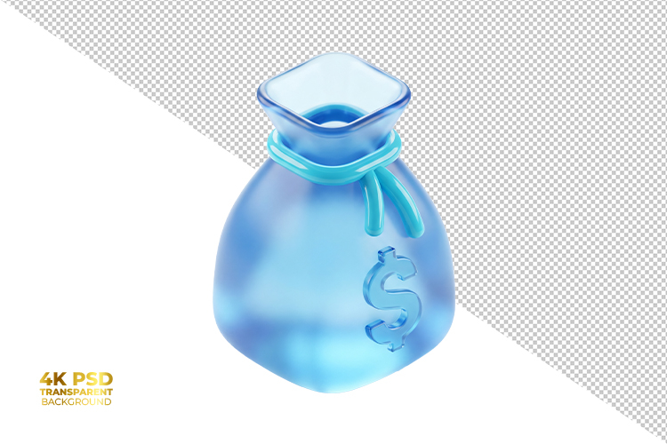 3D Glass Blue Money Bag Dollar Sign Isolated