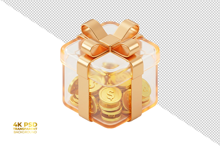 3D Transparent Gift Box with Gold Coins Isolated