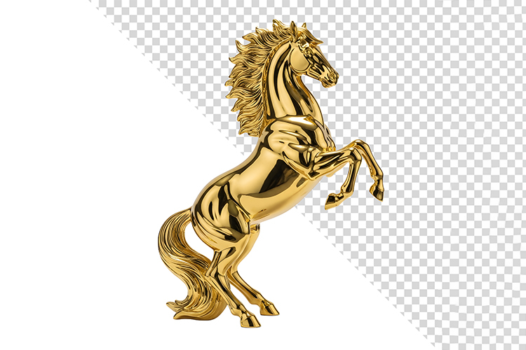 Golden Horse Rearing Statue Side View Isolated