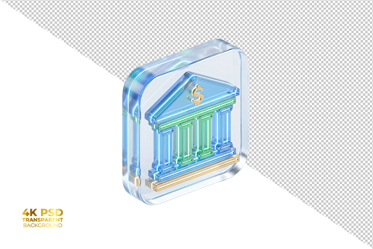 3D Transparent Glass Bank Building Icon Isolated