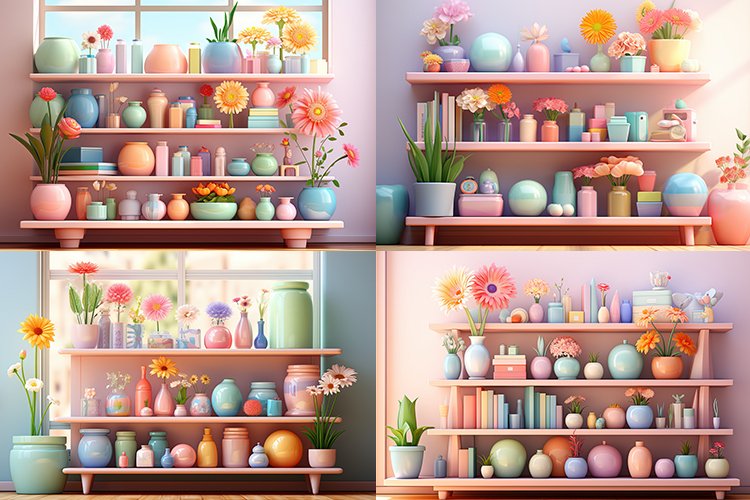 a shelf with vases and flowers on it