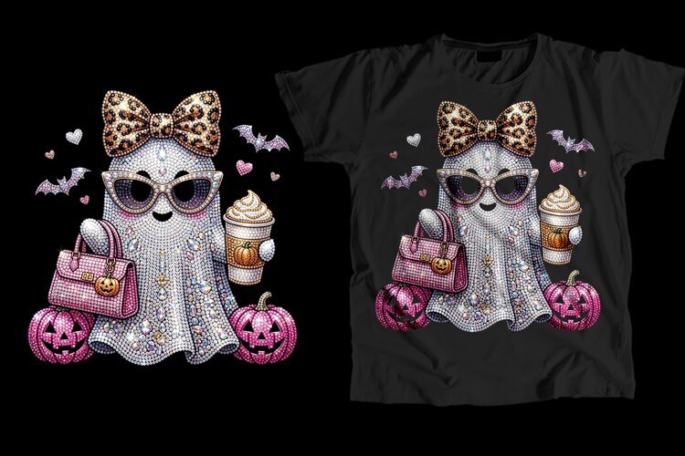 Glam Rhinestone Ghost Coffee T-Shirt PNG