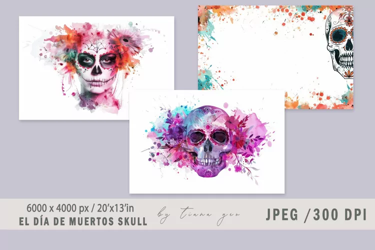 Watercolor El Día de Muertos skull illustration - 3jpeg file