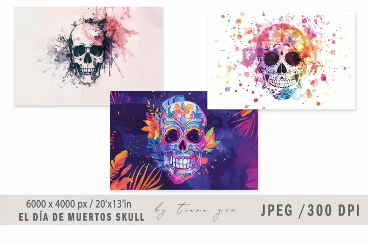 Watercolor El Día de Muertos skull illustration - 3jpeg file