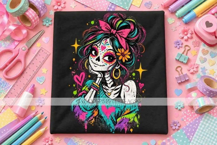 Dia de Muertos Sugar Skull Girl PNG with Messy Bun