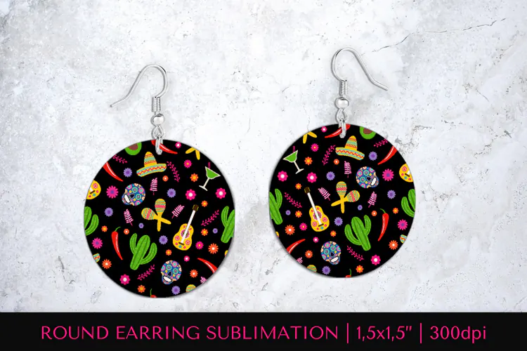 Dia De Los Muertos round earrings sublimation design 006