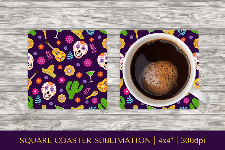Dia De Los Muertos square coaster sublimation design PNG 008