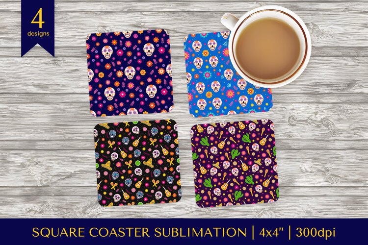 Dia De Los Muertos square coaster sublimation design PNG 009 example image 1