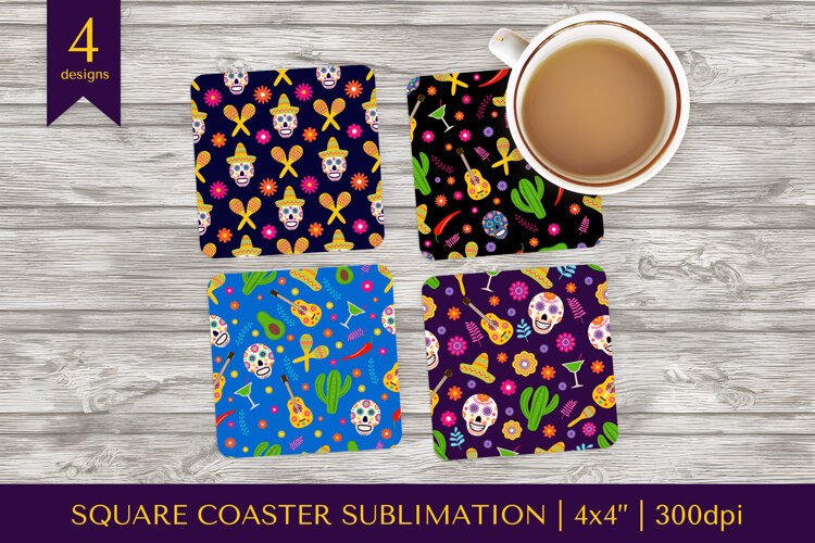 Dia De Los Muertos square coaster sublimation design PNG 010 example image 1