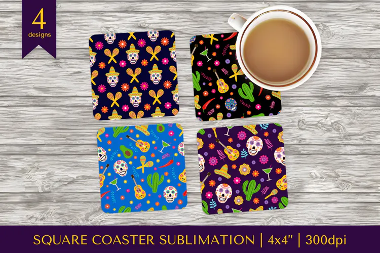 Dia De Los Muertos square coaster sublimation design PNG 010
