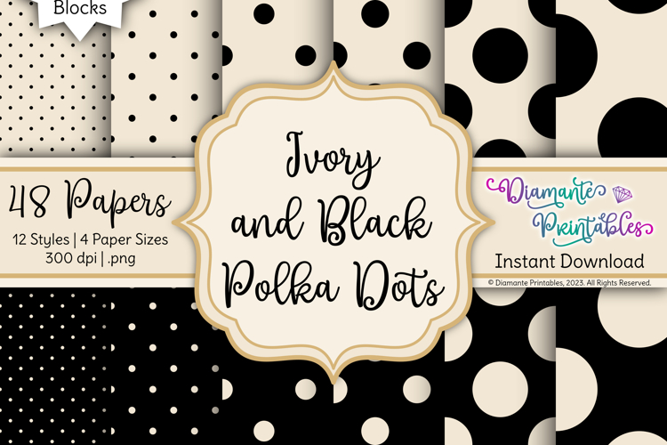 Ivory and Black Polka Dots Digital Paper Pack | 12 Styles