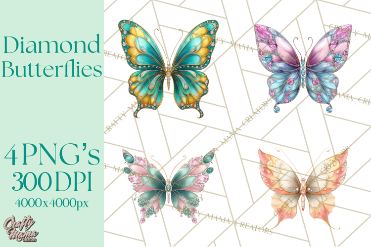 Sparkly Diamond Butterfly Clipart Colorful PNG Graphics