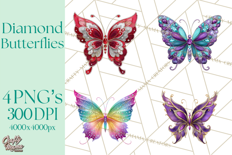 Sparkly Diamond Butterfly Clipart Colorful PNG Graphics