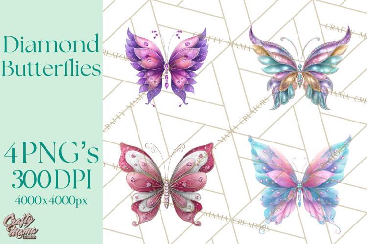 Sparkly Diamond Butterfly Clipart Colorful PNG Graphics